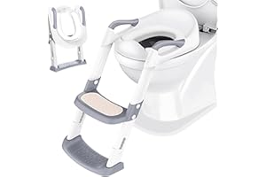 Potty Training Toilet Seat Trainer: Children's Toilet Training Seat with Step Stool - Foldable Portable Pot Chair with Adjustable Height Ladder Protective Handle Soft Cushion White for Baby Toddler