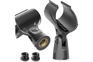 PHONOVATE Clip per microfono per supporti microfonici, supporto universale da 2 pezzi, con adattatore a vite da 5/8“ maschio a 3/8” femmina adatto a microfoni palmari
