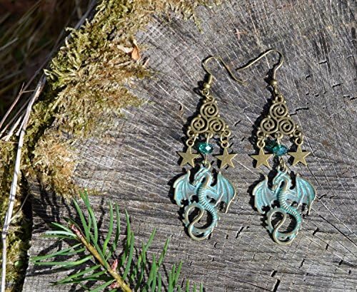 Bronze dragon earrings with Celtic Triskelion spirals and little stars/dragon mage LARP jewellery/elf witch magic/medieval fantasy/cosplay/gothic