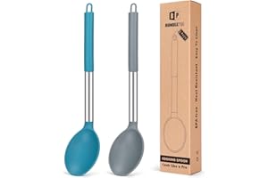 BUNDLEPRO Lot de 2 grandes cuillères de cuisine en silicone antiadhésives résistantes à la chaleur pour mélanger et servir (gris-bleu)