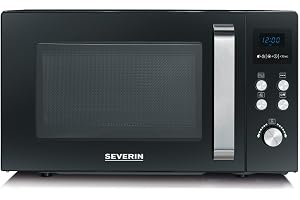 SEVERIN 3-i-1 mikrovågsugn med grill och varmluftsfunktion upp till 200 °C, miniugn inklusive förvärmningsfunktion, mikrovågsugn med pizzaplatta med non-stick, svart, MW 7752