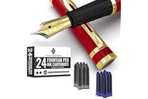 Wordsworth & Black Set penna stilografica, pennino medio dorato 18K, include 24 cartucce inchiostro, convertitore ricarica inchiostro e confezione regalo, finitura dorata, calligrafia [Rosso cremisi]