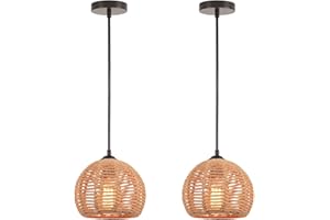 LIGKIN 2 Piezas Lámpara Colgante Vintage Ratán E27 Retro Lámpara de Suspensión Ratán Araña Ø20cm Jaula de Metal y Cuerda de Cáñamo Lámpara de Techo para Salón Dormitorio Cocina
