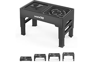 TONGKTAI Składany, podwyższony stojak na miski dla psów, stojak z 4 regulowanymi wysokościami, miska spowalniająca jedzenie i miska na wodę z pływającą płytką, dla dużych, małych, średnich psów