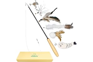 Pawfect Family® Interactive Cat Teaser Toy Set with Wooden Wand handle and 6 Feather-Plush Attachments - Extendable und Retractable fishing rod Stick for Cats