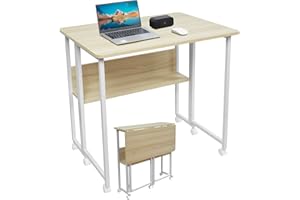 Fiutazge Scrivania Pieghevole Salvaspazio,Tavolo a Scomparsa con Ruote e Scaffale,Facile da Assemblare,Scrivania da PC per Piccoli Spazi,Ufficio,Tavolo da Lavoro,Bianca + Acero