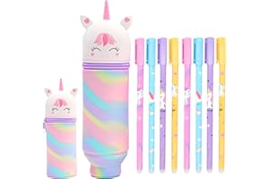 HUAHUANGHUI Set de Stylos Gel Et Trousse À Crayons Unicorn Kawaii,Trousse À Crayons 2 En 1, Stylos À Bille,Crayons Cartoon Legami,Trousse À Fermeture Éclair Pour Filles Et Garçons, Fournitures Scolaires