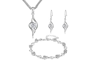 findout love heart jewellery set silver necklace silver earrings silver bracelets Amethyst red pink blue white Crystal Heart Silver pendant Necklace + stud earrings sets gift for women girls with jewellery box silver chain