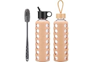 BLUEGO Bouteilles d'eau en verre, 700/900 ml Verre Gobelet, Bouteilles à boire avec 2 couvercles, Motivation Bouteille d'eau avec Marqueur de temps et manchon en silicone, Étanche