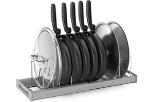 Anhow Stojak na Patelnie i Garnki, Uchwyt na Pokrywkę Garnka z 7 regulowanymi Przegródkami Organizer na Patelnie Kuchenne do Przechowywania Patelnie Garnki Talerze i Pokrywki – Szary