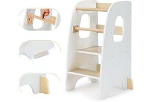 Growaystory Torre Montessoriana, Learning Tower Sicura con Altezze Regolabili, Torre di apprendimento con Doppia Barra di Protezione, Antiscivolo & Sistema Anti-Ribaltamento(Bianco)