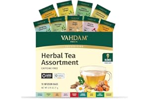VAHDAM, Caja De Regalo Surtido De Té Infusiones (18 Bolsitas, 9 Sabores) Sin Cafeína, No GMO | Caja de Té de Hierbas | Tés de Hierbas Surtidos