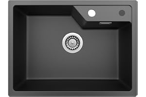 Sofetiy Lavandino Cucina Nero 60x45 cm, Lavello Cucina 1 vasca in Granito, Lavabo Cucina Incasso al mobile 60cm, con Sifone e troppopieno