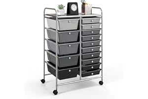 GIANTEX Rollwagen mit 15 Schubladen stapelbar, Schubladenwagen Badrollwagen Küchenwagen mit feststellbaren Rollen, Aufbewahrungswagen Haushaltswagen für Küche Bad Büro 63x37x87 cm (Dunkelgrau+Schwarz)