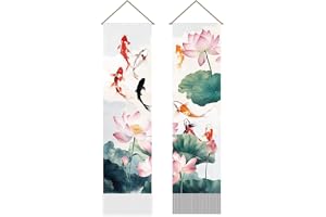 AHANDMAKER Förpackning med 2 kinesiska bläckmålningar gobelänger, karp, lotus och lotusbladsmönster vertikal japansk dörröppn