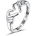 DuMesho Heart Hug Ring, Silver Adjustable Heart Ring Hugging Hands Ring Engraved I Love You Forever for Friendship Promise Ring Hug Rings for Women Girls