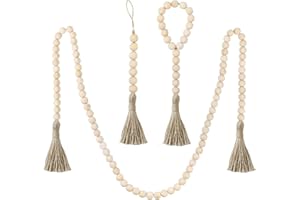 Ling & Bai 3 Pcs Wood Bead Garland with Tassel Rustic Farmhouse Country Wooden Beads Wall Hanging Decor Decoration (A)