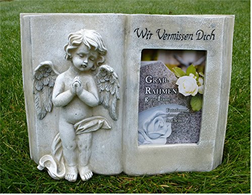 Engel mit Buch für Foto Grabdeko Trauerengel Grabschmuck *Wir vermissen Dich* antik, ca. 28 x 20 cm