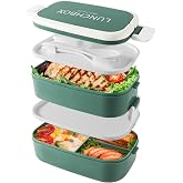 Beeptrum Stackable Bento Lunch Box, 1400 ml Containers with 4 Compartments and Cutlery, 2 Layer Leakproof Boxes, for Adults C