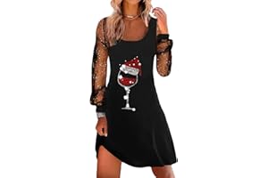 shownicer Weihnachtskleid Damen Weihnachten Rot Weinglas Druck Minikleid Sexy Mesh Partykleid Lose Rundhals Langarm Kleider Herbst Winter Christmas Festkleid