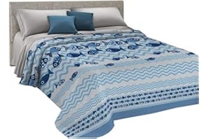HomeLife Colcha Fina de Verano y Primavera para Cama de 135 cm | Edredón Estampado con Peces Fabricado en Italia | Ligera Colcha Cubrecama de Algodón para Cama de Matrimonio | Azul, 220x280