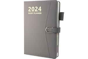 HOYUNLL Diary 2024 A5 Page a Day, 2024 Diary from Jan 2024 to Dec 2024, Productivity A5 Daily Planner with Monthly Tabs, Pen Loop and Inner Pocket, 21×14.5cm，400 Page (Grey)