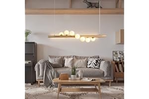 ENXING Lampe À Suspension Bois LED Table À Manger Suspension Luminaire Vintage Lampe Suspendue À Hauteur Réglable Boule Verre Éclairage Avec Ampoules G9 Plafonnier Rétro Pour Lustre De Salle À Manger,7 head