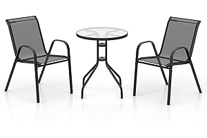 GiantexUK 3 PCS Patio Bistro Set, Metal Frame Garden Furniture Set with Tempered Glass Table and 2 Stackable Armchairs, Outdoor Table and Chairs Set for Backyard Poolside Lawn