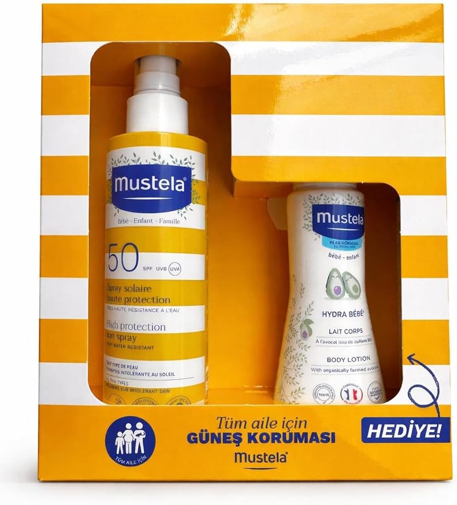 Mustela güneş losyon sprey 200 ml spf 50+ 100 ml hydra bebe hediyeli 2026 kofre