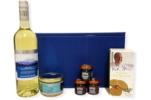 FINE FOOD STORE 75cl Las Montanas White Wine and Nibbles Presented in a Blue Gift Box Food Hamper - Gift Ideas for Mum, Mothers Day, Birthday, Anniversary, Dad, Fathers Day, him, her, Business gifts, Corporate, Congratulations