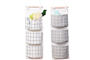 Afufu 2 Pcs Bedroom Wall Hanging Storage Bag, Waterproof Over The Door Closet Organizer| Linen Fabric Hanging Pocket Organizer with 3 Pockets for Bedroom, Bathroom，Kitchen(Gray and White)