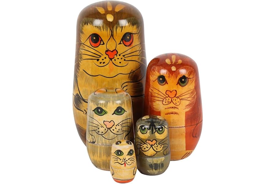 Unique Hand-Painted Cat Russian Doll - 12x6.5 Centimeters (Set of 5) - Eye-Catching Home Ornament - Perfect For Cat Lovers