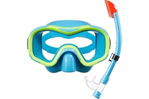 Dorlle Snorkel Set Kids, Tempered Glass Anti-Fog Anti-Leak Snorkel Mask Panoramic Wide View Goggles and Premium Semi-Dry Snorkel Tube for for Kids Snorkelling and Swimming