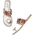 Marc Loire Women's One Toe Ethnic Slip-On Flat Chappals, Embellished & Traditional Footwear - Golden, 8 UK