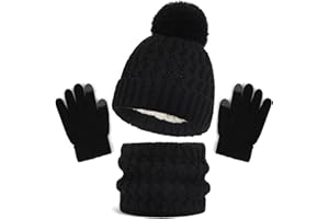 Baynetin Kids Winter Hat Scarf and Gloves Set, 3pcs Knitted Warmth Crochet Thick Fluffy Scarf Pom Bobble Hat Two Fingers Touch Screen Gloves Set for Boys and Girls 2-8