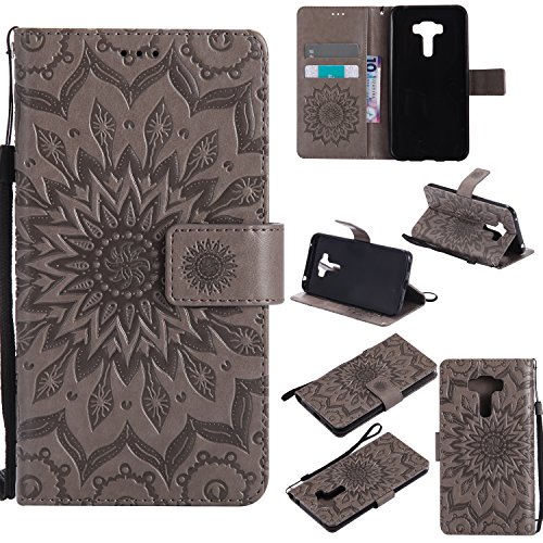 Preisvergleich Produktbild Lonchee Asus ZenFone ZD552KL Leder Wallet Tasche Brieftasche Schutzhülle , Sonnenblumen geprägten Muster Design Hochwertige PU Leder Folio Tasche Case Hülle im Bookstyle mit Standfunktion Kredit Kartenfächer (grau)