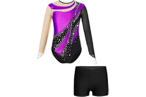 ranrann Enfant Fille Justaucorps Gymnastique avec Short Ensemble Tenue Danse Gym Strass Costume Spectacle 5-16 Ans