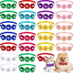 25 Pieces Dog Collar Flowers Pet Flower Bowties with Adjustable Collar Flower Collar Diamond Pet Accessories for Dogs Cats Summer Wearing