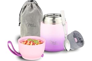 Milu Termo para Comida 450 ml Taza Aislada, Botella de Acero Inoxidable Aislada Alimentos, Beber y sopa de los niños de adultos Térmico (450ml/Violeta Rosa)