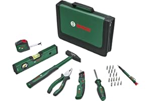 Bosch Universal-Handwerkzeug-Set, 25-teilig (vielseitiges Werkzeug-Set für allgemeine Arbeiten rund ums Haus; Klappmesser; Kombizange; Maßband; Wasserwaage und mehr) - Amazon Edition
