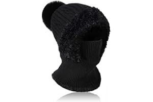 AYPOW Hiver Chaud Tricoté Bonnet et Ensembles De Cache-Cou, Balaclava Chapeaux Femme Écharpe à Capuche Cagoule Coupe-Vent Avec Pompon Doublure Polaire Masque Facial Pour De Plein Air