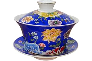 KOPYFANTAP Tazza da Tè in Porcellana Tradizionale Kungfu Cinese con Coperchio e Piattino,Gaiwan in Porcellana Blu con Grafica Fiori, Tazza Tea Set da 300 ml di Grande Capacità per Tè o Caffè