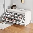 DUSALA DUALA Shoe Storage Bench with Flip-Drawer, Hidden Shoe Storage Cabinet with PU Padded Seat And Tipping Bucket for Entryway, Hallway And Small Space, MDF Wood (White 100 * 30 * 45)