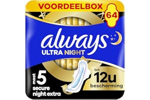 Always Ultra Serviettes Hygiéniques, Taille 5, Extra Secure Night, 64 Serviettes Avec Ailettes, Flux Très Abondants Nuit, Format Eco, Max Confort, Super Absorbantes et Ultra Fines