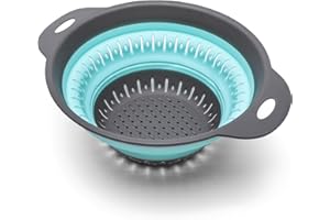 JQKX Collapsible Colander,BPA Free Silicone Colanders & Food Strainers with Plastic Handles Vegetable and Fruit Kitchen Draining Pasta Foldable Strainer Colander Dishwasher Safe 3 Quart Cyan