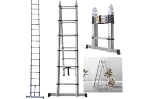 BRIEFNESS Teleskopleiter, 3,8 m, zusammenklappbar, A-Rahmen-Leiter, 1,9 m + 1,9 m, Mehrzweck-Ausziehleiter, tragbare ausziehbare Leiter mit Leiter, Stabilisator für Garten, Loft Büro, 150 kg EN131