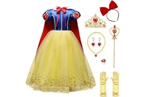 IWEMEK Princesse Costume de Blanche Neige avec Cape Filles Conte de Fée Robe de Carnaval Déguisements Snow White Cosplay Halloween Noël Robe de Soirée Cérémonie Anniversaire 3-8 Ans