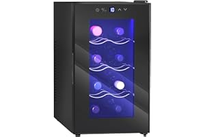 HOMCOM Mini Table Top Wine Fridge, 8 Bottle, 17L, 8-18℃, 26.5cm Quiet Under Counter Wine Cooler Fridge with Glass Door, LED Light, Digital Touch Screen, Temperature Control