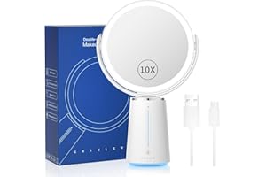 CHICLEW Makeup Mirror With Light, Illuminated Magnifying 10X / 1X, Double Sided LED Vanity 360° Rotation, USB Rechargeable Light Up Table With Smart Touch Activated Slider