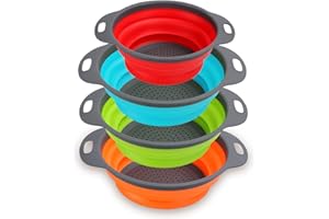 Alimat PluS Collapsible Colander Set of 4 - Silicone Kitchen Colander with Handle - 4 Quart & 2 Quart Sink Colander for Draining Pasta, Vegetables, Fruits (Green, Blue, Orange, Red)